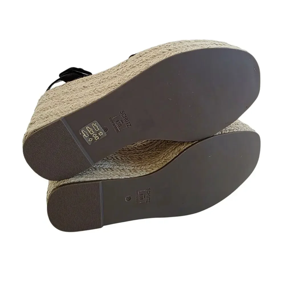 Schutz Blisse Size 9.5 Black & Tan Suede Platform Jute Espadrille Wedge Sandals